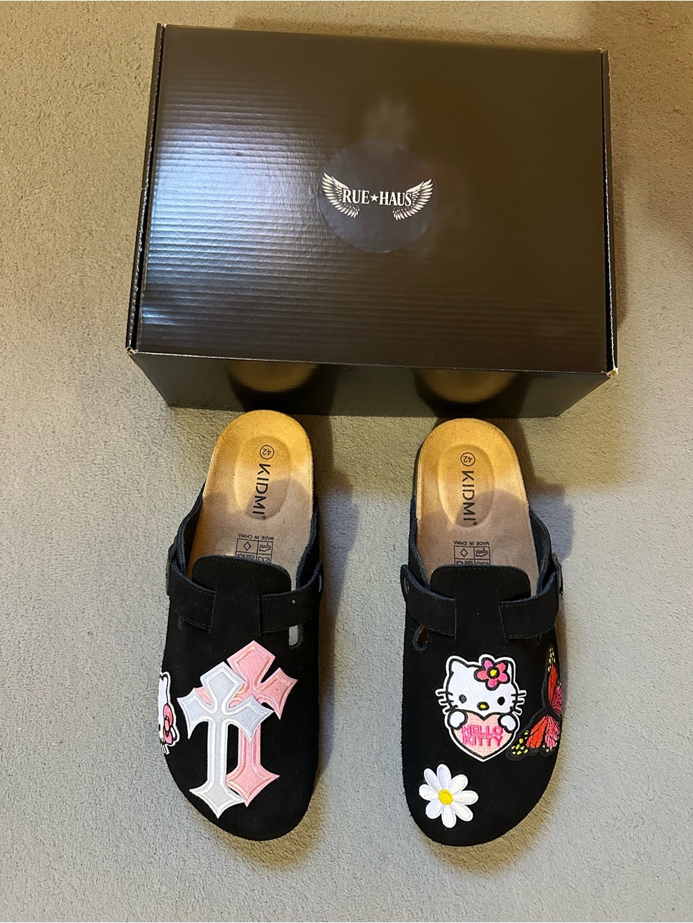 Black Slip-On Clogs with Hello Kitty & Floral Patches(All Sizes Available)